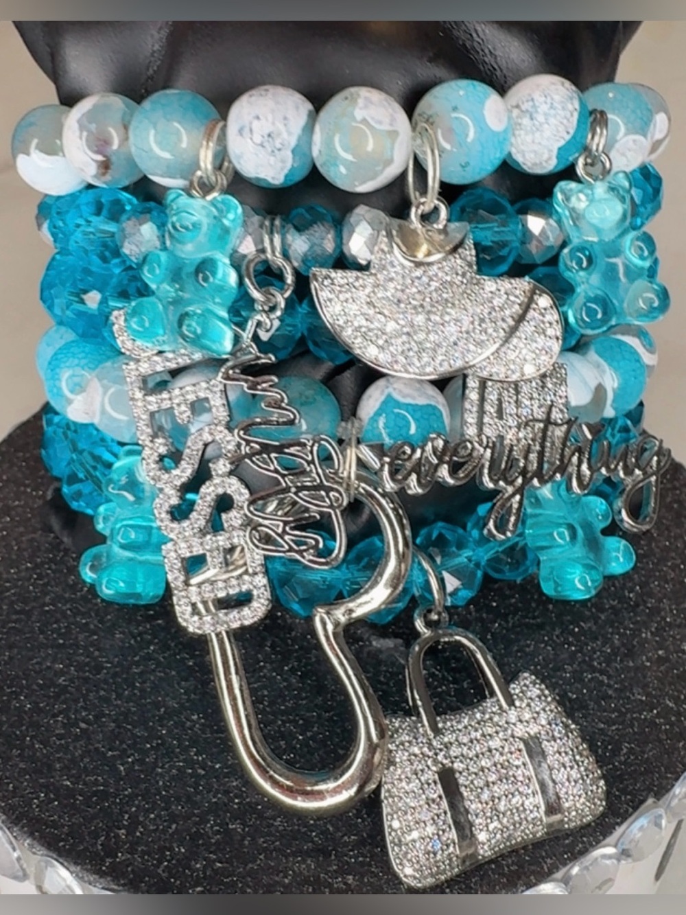 Turquoise Crystal Charm Bracelet Stack with Silver Pave Cz Crystal Charms